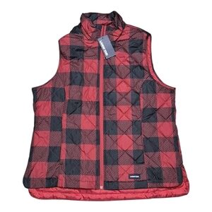 Land's End Womenโs Large Red Plaid Puffer Vest Zip Outdoors NWT